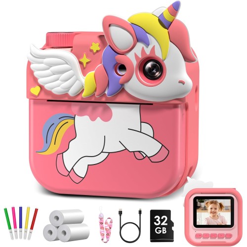Hangrui Kinderkamera Sofortbildkamera, 1080P 2,4 Zoll Bildschirm Mit 32G Speicherkarte & 3 Rollen Druckpapier, Digitalkamera Mit 5 Farbige Stifte - Geschenk Für Kinder