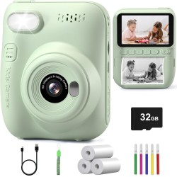 Hangrui Kinderkamera Sofortbildkamera, 1080P 2,4 Zoll Bildschirm mit 32G Speicherkarte & 3 Rollen Druckpapier, Digitalkamera mit 5 Farbige Stifte - Geschenk für Kinder