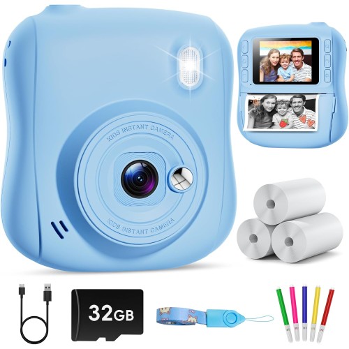 Hangrui Kinderkamera Sofortbildkamera, 14MP Sofortbildkamera Kinder mit 32G Karte & Druckpapier, 1080P Kamera Kinder Sofortdruck mit Farbige Stifte, Geschenk für 3-12 Jungen und Mädchen