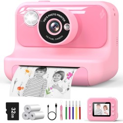 Hangrui Sofortbildkamera Kinder, 2,4 Zoll Bildschirm Kinderkamera Sofortbildkamera mit 32G Karte & Druckpapier, 1080P Kamera Kinder Sofortdruck mit Farbige Stifte, Geschenk für Kinders 3-12 Jahren