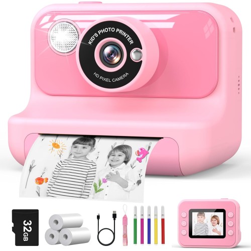 Hangrui Sofortbildkamera Kinder, 2,4 Zoll Bildschirm Kinderkamera Sofortbildkamera mit 32G Karte & Druckpapier, 1080P Kamera Kinder Sofortdruck mit Farbige Stifte, Geschenk für Kinders 3-12 Jahren
