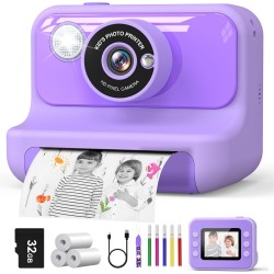 Hangrui Sofortbildkamera Kinder, 2,4 Zoll Bildschirm Kinderkamera Sofortbildkamera mit 32G Karte & Druckpapier, 1080P Kamera Kinder Sofortdruck mit Farbige Stifte, Geschenk für Kinders 3-12 Jahren