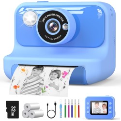 Hangrui Sofortbildkamera Kinder, 2,4 Zoll Bildschirm Kinderkamera Sofortbildkamera mit 32G Karte & Druckpapier, 1080P Kamera Kinder Sofortdruck mit Farbige Stifte, Geschenk für Kinders 3-12 Jahren