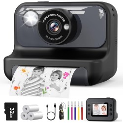 Hangrui Sofortbildkamera Kinder, 2,4 Zoll Bildschirm Kinderkamera Sofortbildkamera mit 32G Karte & Druckpapier, 1080P Kamera Kinder Sofortdruck mit Farbige Stifte, Geschenk für Kinders 3-12 Jahren